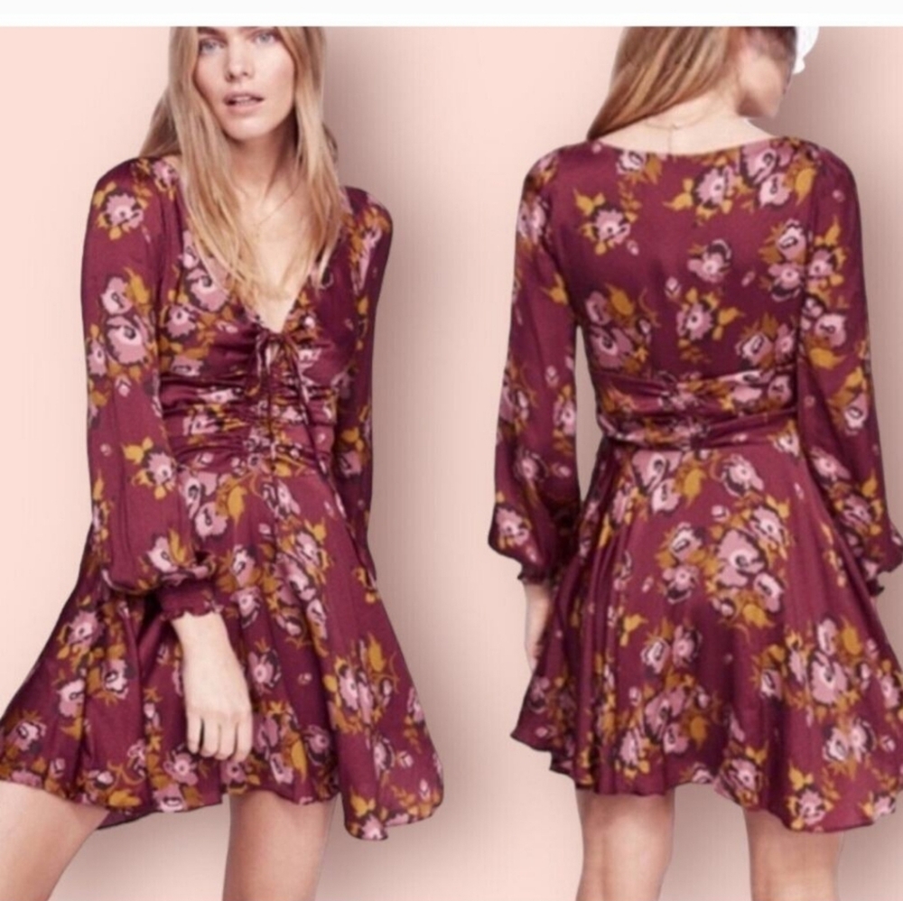 Free People Wine Floral Long-Sleeve Fit & Flare Dress